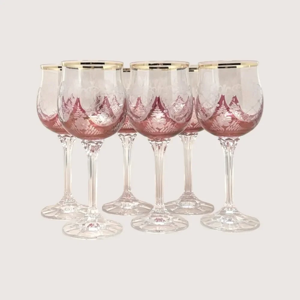 1960s Bohemian Cranberry Glass Wine Goblet Set with Gold Rim